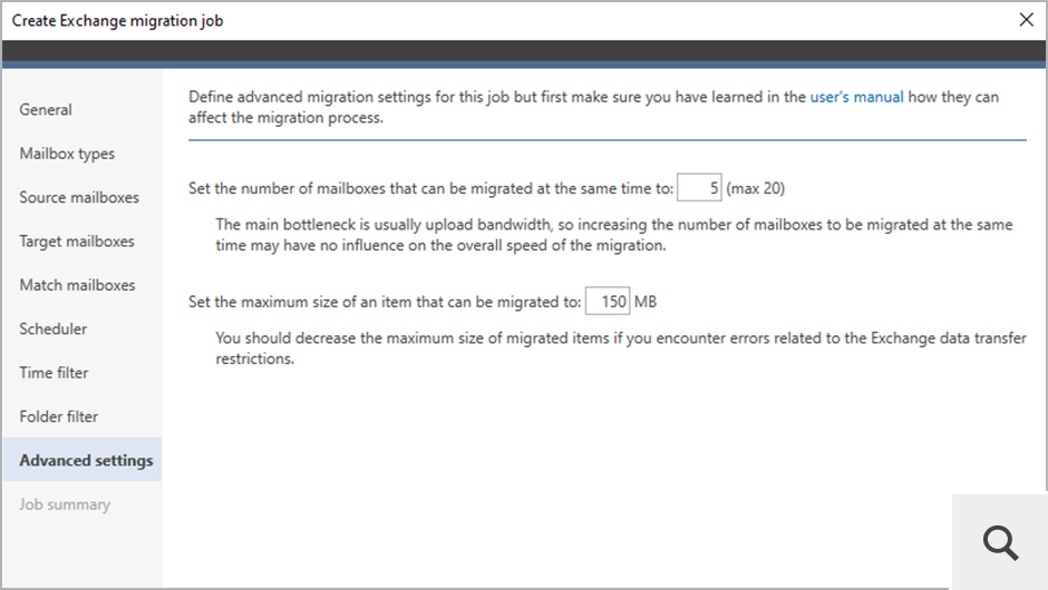 W oknie ustawień zaawansowanych kreatora zadania migrującego administrator może zdecydować np. ile skrzynek pocztowych będzie jednocześnie kopiowanych.