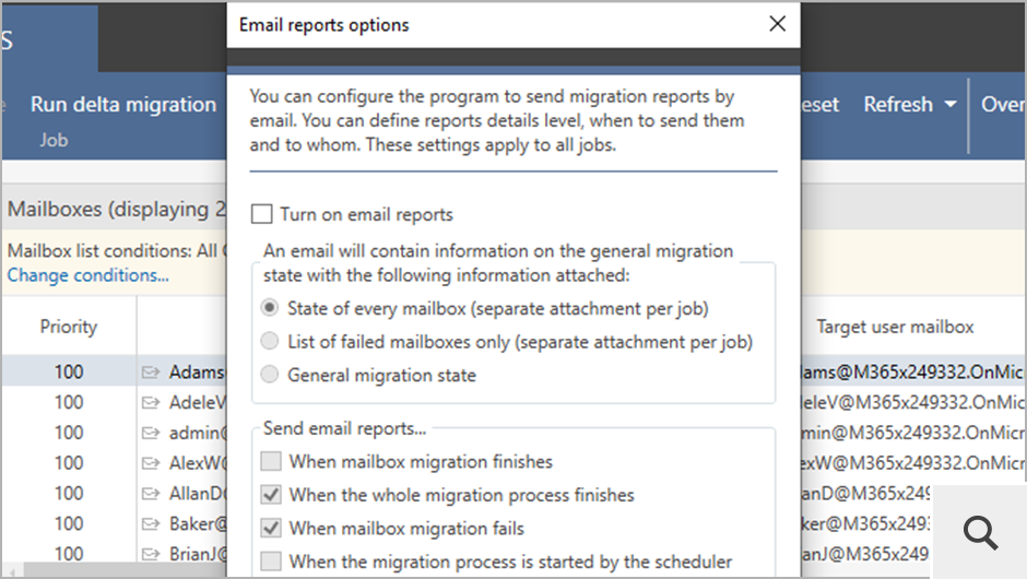 Możesz włączyć wysyłanie raportów na pocztę email. Dzięki temu będziesz otrzymywać informacje na temat postępów migracji bezpośrednio do swojej skrzynki pocztowej. Wbudowane w programie raporty stanu migracji mogą być dostosowane do Twoich potrzeb.