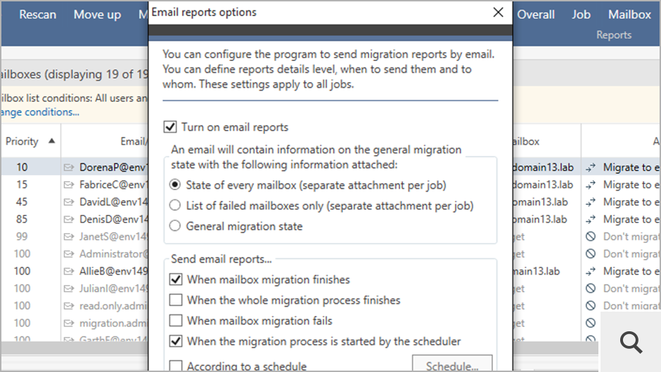Możesz włączyć wysyłanie raportów na pocztę email. Dzięki temu będziesz otrzymywać informacje na temat postępów migracji bezpośrednio do swojej skrzynki pocztowej. Wbudowane w programie raporty stanu migracji mogą być dostosowane do Twoich potrzeb.