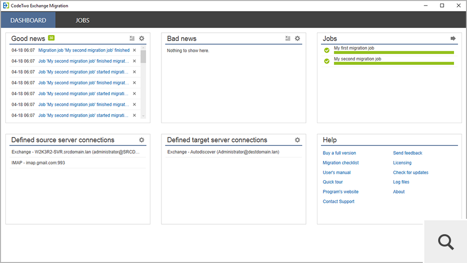 To jest główne okno programu CodeTwo Exchange Migration. Z tego miejsca możesz m.in. szybko przejść do zadań migrujących, sprawdzić aktualny stan migracji czy skonfigurować połączenie z serwerem źródłowym i docelowym.