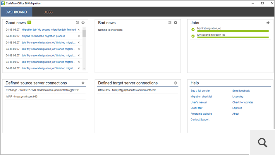 Zakładka Dashboard pokazuje postęp zadań migrujących, a także wszystkie powiadomienia związane z działaniem programu (dobre i złe wieści). Pozwala również na skonfigurowanie połączenia z serwerem źródłowym i docelowym oraz sprawdzenie informacji o dostępnych licencjach.