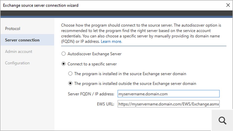Przed skonfigurowaniem zadania migrującego należy połączyć się ze środowiskiem źródłowym i docelowym, korzystając w tym celu z kreatorów połączenia. Cały proces jest bardzo prosty – kreator poprowadzi Cię krok po kroku, pozwalając skonfigurować połączenie automatycznie lub ręcznie.