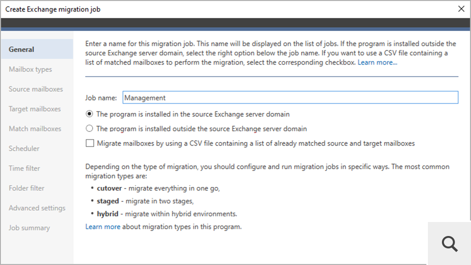 Za pomocą kreatora zadania migrującego możesz utworzyć nowe zadanie i wybrać skrzynki pocztowe do migracji. Program pozwala na migrację do serwera Exchange SE, 2019 lub 2016 z serwera Exchange 2010 lub nowszego, ze Small Business Server 2011, z Microsoft 365, jak i z serwerów wspierających IMAP (m.in. Google Workspace, Zimbra czy Zarafa).
