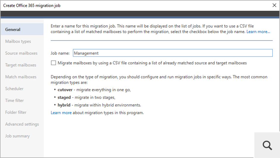 Żeby określić zakres migrowanych danych, należy utworzyć zadanie migrujące. Możliwe jest przenoszenie skrzynek pocztowych i folderów publicznych z lokalnych serwerów Exchange, a także wiadomości email z serwerów IMAP (np. Google Workspace czy IBM/HCL Notes). Możesz również przenieść skrzynki między dwoma tenantami Microsoft 365.