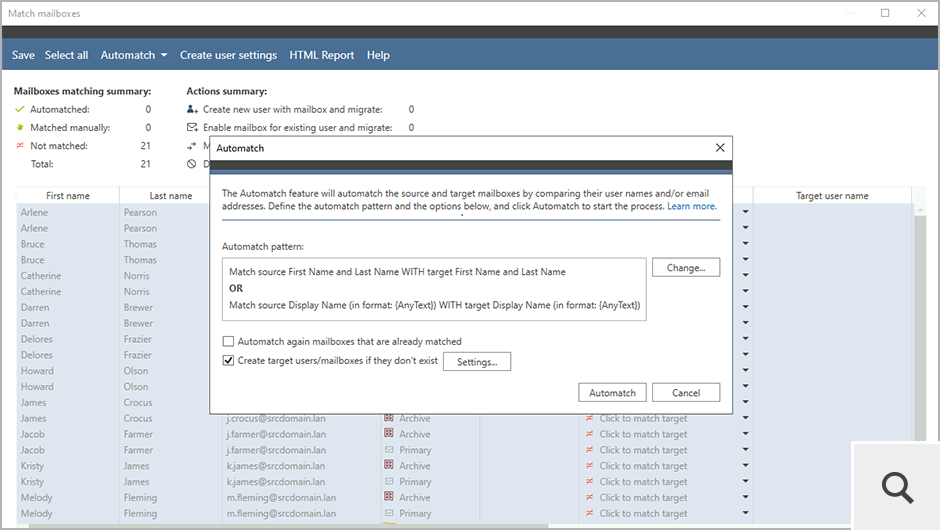 Po wybraniu źródłowych skrzynek pocztowych do migracji możesz użyć opcji Automatch, która dopasuje skrzynki źródłowe do ich odpowiedników na serwerze docelowym. Możesz skorzystać z predefiniowanych wzorów albo stworzyć swój własny wzór dopasowania skrzynek w oparciu o wybrane atrybuty Active Directory.