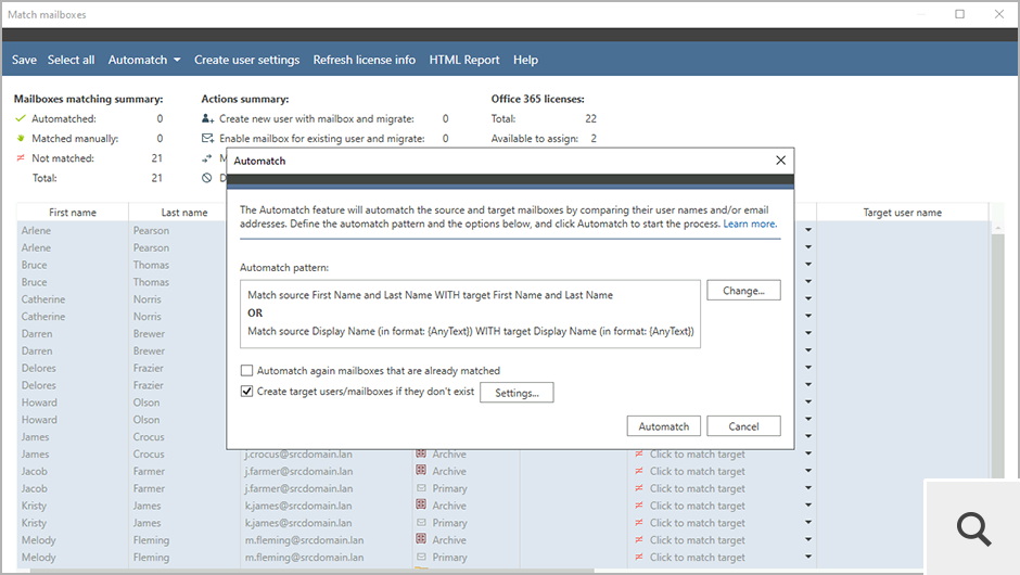 Funkcja Automatch automatycznie dopasowuje źródłowe skrzynki pocztowe do ich odpowiedników w lokalizacji docelowej. Istnieje też możliwość stworzenia własnego wzoru dopasowującego skrzynki w oparciu o różne atrybuty Active Directory / Entra ID.