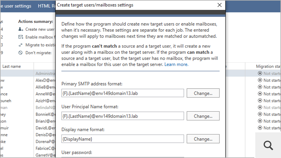 Możesz także stworzyć skrzynki podstawowe na serwerze docelowym bezpośrednio w naszej aplikacji. Program domyślnie podpowiada adres email i wyświetlaną nazwę, ale możesz je zmienić według własnych potrzeb.