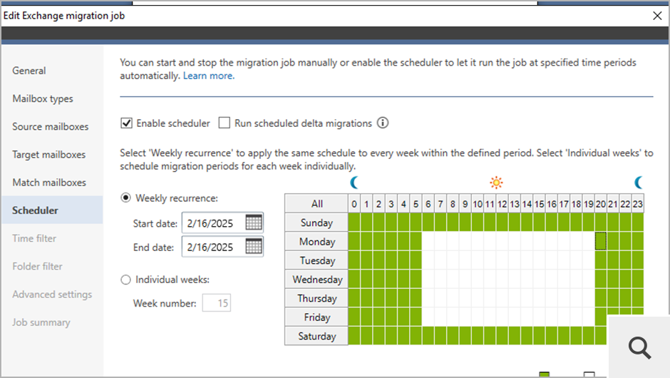 Wbudowany konfigurator harmonogramu migracji pozwala zaplanować, kiedy migracja ma być uruchamiana automatycznie. Funkcja harmonogramu pozwala również na przeprowadzanie automatycznych migracji delta.
