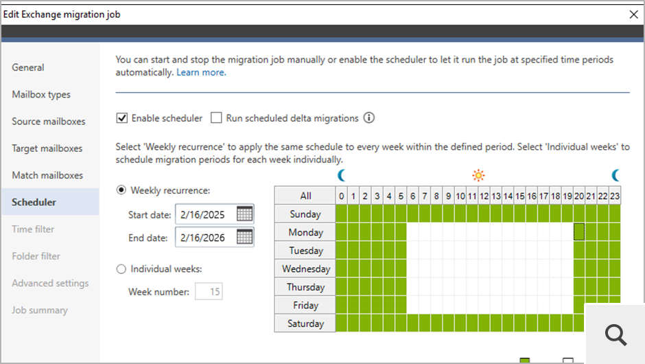 Migracja może zostać przeprowadzona automatycznie przy pomocy wbudowanego harmonogramu. Narzędzie to pozwala na zdefiniowanie ram czasowych, zgodnie z którymi program będzie uruchamiać i zatrzymywać proces migracji lub przeprowadzać cykliczne migracje delta.
