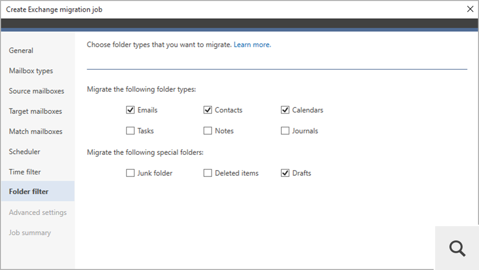 Program pozwala również na filtrowanie danych do migracji. Dzięki zastosowaniu filtru czasu możesz przenieść wyłącznie dane z ostatnich kilku tygodni lub miesięcy. Z kolei filtr folderów pozwala na wykluczenie z zadania migrującego niepotrzebnych folderów, takich jak Wiadomości-śmieci lub Elementy usunięte.