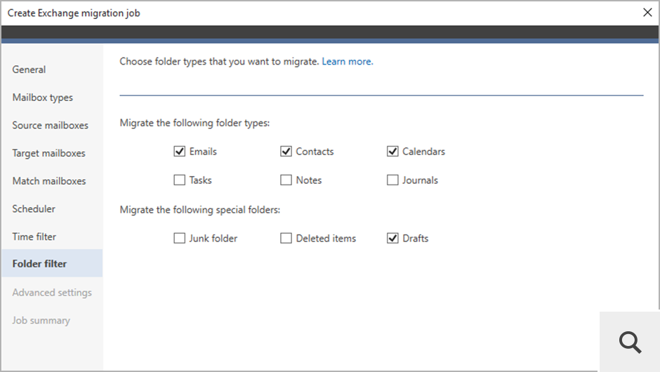 Filtr czasu pozwala uwzględnić w procesie migracji obiekty o określonym wieku. Jest to bardzo użyteczne podczas migracji danych partiami (staged migration). Filtr folderów pozwala na wykluczenie z procesu migracji określonych typów obiektów, takich jak foldery Elementy usunięte lub Wiadomości-śmieci.