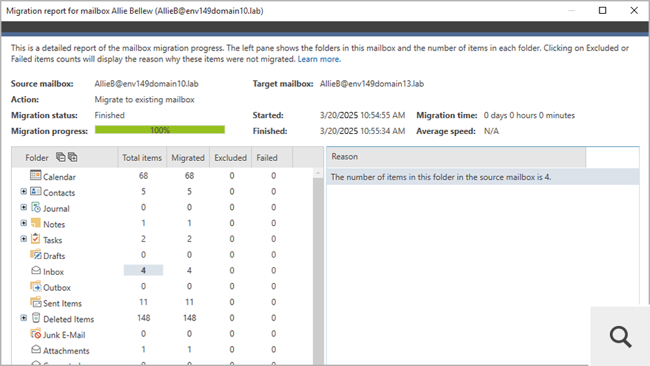 Możesz wysyłać raporty na temat postępów migracji na swój adres email lub wyświetlać je bezpośrednio w programie. Na przykład szczegółowy raport o migracji skrzynki zawiera informacje o statusie migracji pojedynczej skrzynki, natomiast ogólny raport o migracji uwzględnia dane o wszystkich zadaniach migrujących.