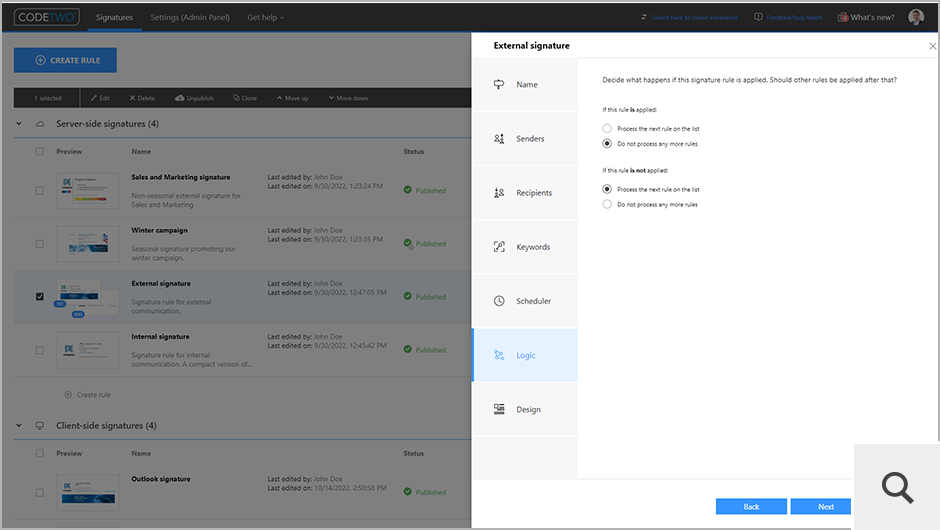 W kroku Logic dla reguł typu cloud (server-side) można określić, czy kolejna reguła na liście powinna być przetworzona w przypadku, kiedy dana reguła została (bądź nie) zastosowana.