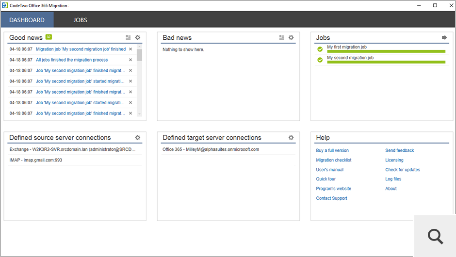 Zakładka Dashboard pokazuje postęp zadań migrujących, a także wszystkie powiadomienia związane z działaniem programu (dobre i złe wieści). Umożliwia ona także skonfigurowanie połączenia z serwerem źródłowym i docelowym oraz sprawdzenie informacji o dostępnych licencjach.
