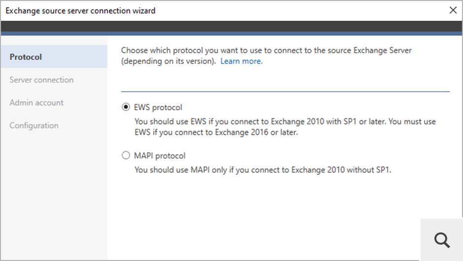 Przed skonfigurowaniem zadania migrującego należy połączyć się ze środowiskiem źródłowym i docelowym, korzystając w tym celu z kreatorów połączenia. Podczas łączenia z lokalnym serwerem Exchange użytkownik może wybrać protokół EWS lub MAPI.