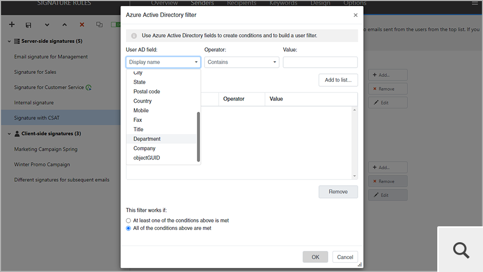 Wykorzystaj filtr Azure AD jeśli chcesz, aby stopka email była dodana jedynie do wiadomości wysyłanych przez użytkowników spełniających konkretne kryteria.