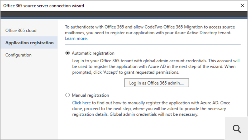 Aby połączyć się ze źródłowym lub docelowym środowiskiem Office 365 (Microsoft 365), CodeTwo Office 365 Migration zostaje zarejestrowany w Microsoft Entra ID (Azure Active Directory) każdego z tenantów, który będzie brał udział w procesie migracji.