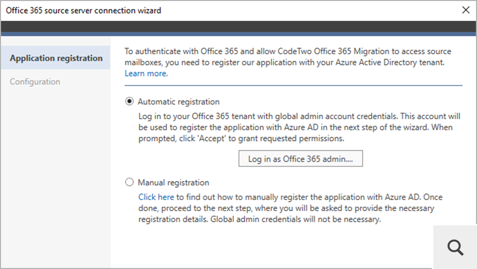 Aby połączyć się ze źródłowym lub docelowym środowiskiem Office 365 (Microsoft 365), CodeTwo Office 365 Migration zostaje zarejestrowany w Microsoft Entra ID (Azure Active Directory) każdego z tenantów, który będzie brał udział w procesie migracji.