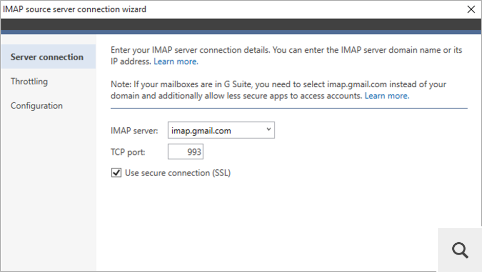 Jako źródło migracji możesz również wybrać serwer obsługujących IMAP. W tym celu należy podać adres serwera (lub wybrać odpowiedni serwer z rozwijanego menu) i postępować zgodnie z instrukcjami kreatora połączenia.