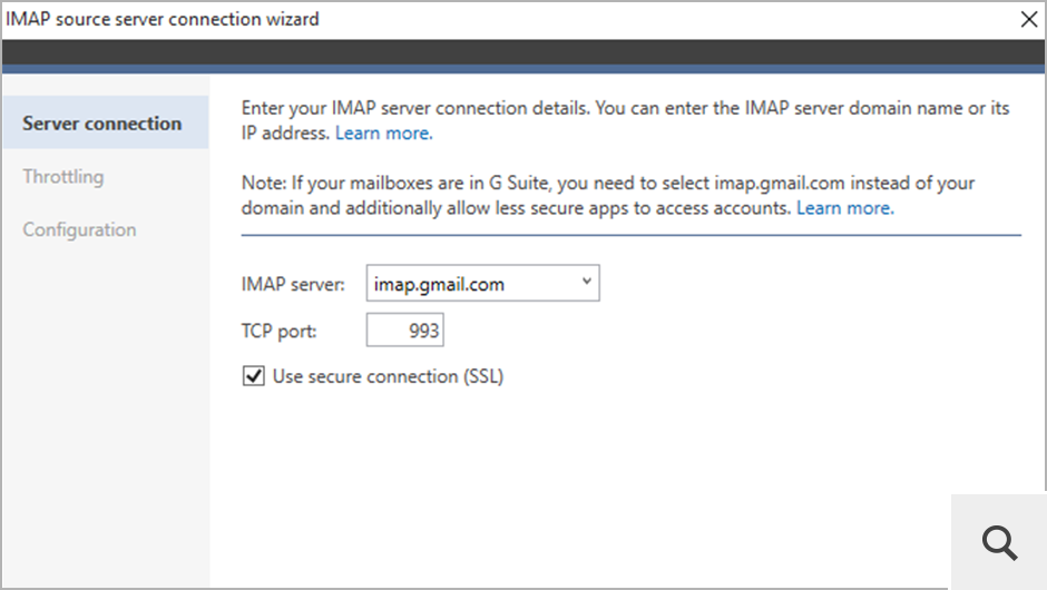 Jako źródło migracji możesz również wybrać serwer obsługujących IMAP. W tym celu należy podać adres serwera (lub wybrać odpowiedni serwer z rozwijanego menu) i postępować zgodnie z instrukcjami kreatora połączenia.