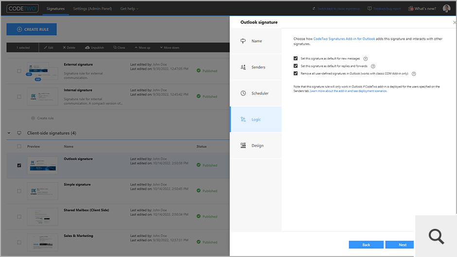 W przypadku reguł typu Outlook (client-side), krok Logic pozwala ustawić daną stopkę jako domyślną dla nowych wiadomości, odpowiedzi i wiadomości przekazywanych dalej.