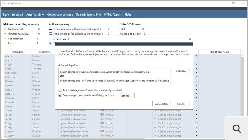 Funkcja Automatch automatycznie dopasowuje źródłowe skrzynki pocztowe do ich odpowiedników w lokalizacji docelowej.