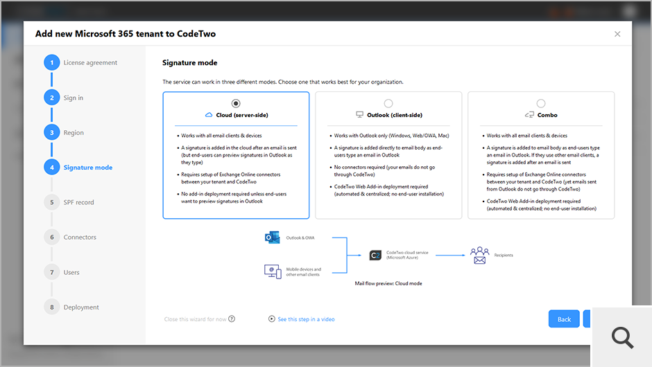 Program umożliwia wybranie jednego z trzech trybów działania: cloud (server-side), Outlook (client-side) oraz combo.