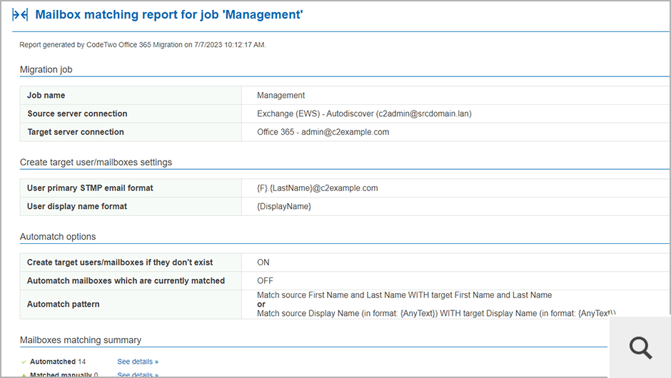 Możliwe jest także wygenerowanie szczegółowego raport HTML, który pokazuje wyniki dopasowywania skrzynek i informuje o wykonanych czynnościach. Raport zawiera także informacje na temat wybranych ustawień opcji Automatch.