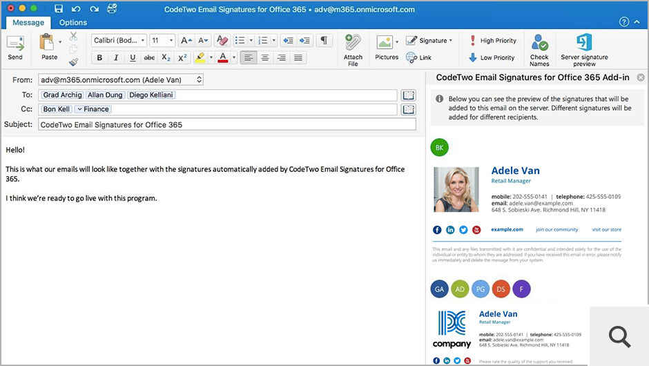 Kiedy funkcjonalność podglądu stopki jest włączona dany podpis email jest wyświetlany w czasie rzeczywistym podczas pisania wiadomości w Outlooku.