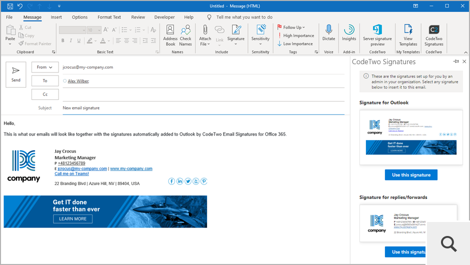 W trybie Outlook (client-side), podpisy są dodawane do Outlooka dzięki dedykowanemu dodatkowi. Stopki mogą być dodawane automatycznie podczas pisania wiadomości, mogą być też wybierane i dodawanie ręcznie przez użytkowników.
