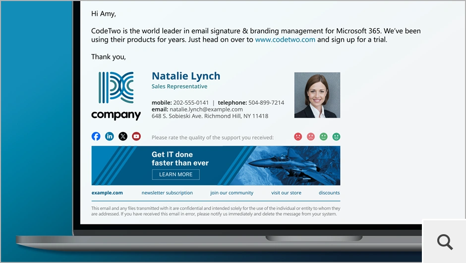CodeTwo Email Signatures 365 pozwala centralnie (z jednego miejsca) zarządzać brandingiem we wszystkich emailach w organizacji. Dzięki temu wiadomości użytkowników wyglądają profesjonalnie, niezależnie od programu pocztowego i urządzenia, z jakiego są wysyłane.