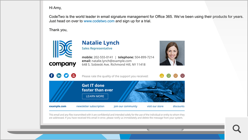CodeTwo Email Signatures 365 pozwala centralnie (z jednego miejsca) zarządzać brandingiem we wszystkich emailach w organizacji. Dzięki temu wiadomości użytkowników wyglądają profesjonalnie, niezależnie od programu pocztowego i urządzenia, z jakiego są wysyłane.