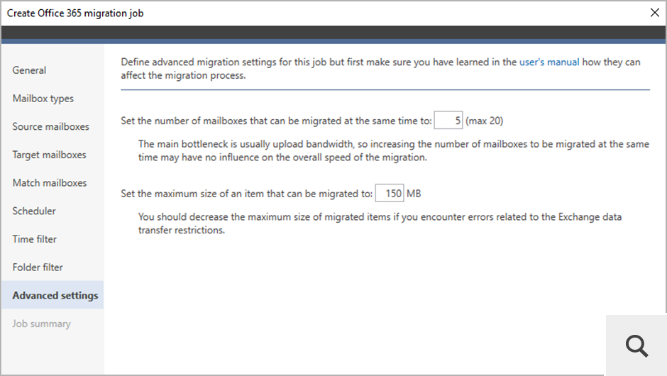 Okno ustawień zaawansowanych pozwoli Ci zdecydować, ile zadań migrujących będzie wykonywanych jednocześnie i jaka może być maksymalna wielkość przenoszonych elementów.