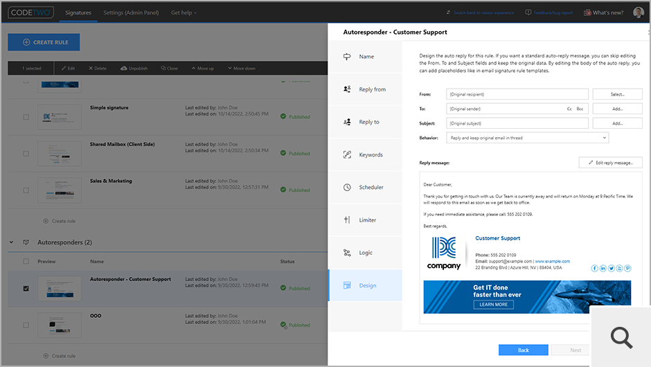 CodeTwo Email Signatures 365 zawiera również funkcję Autoresponder, która umożliwia tworzenie i zarządzanie odpowiedziami automatycznymi i wiadomościami typu Out of Office dla wszystkich użytkowników w organizacji.