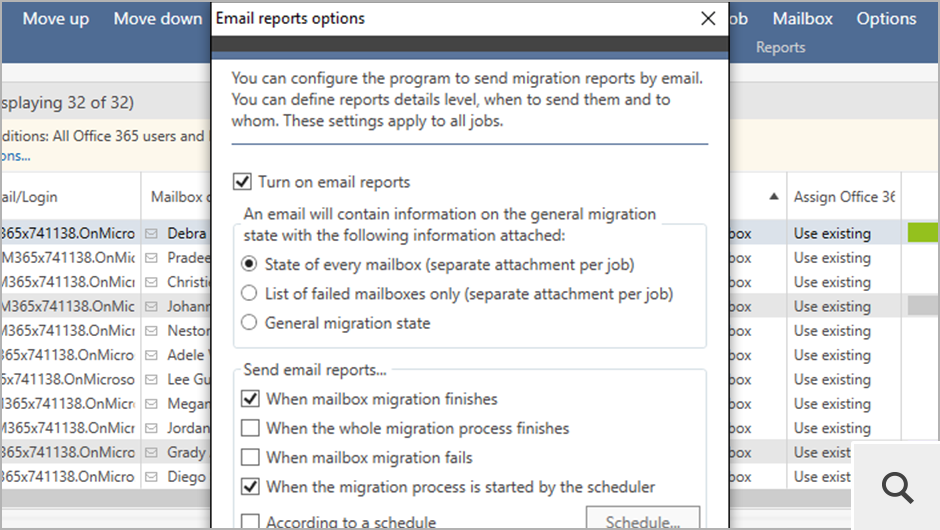 Raporty postępu migracji mogą być przesyłane bezpośrednio na Twoją skrzynkę pocztową. Raporty te dostosujesz do swoich potrzeb.