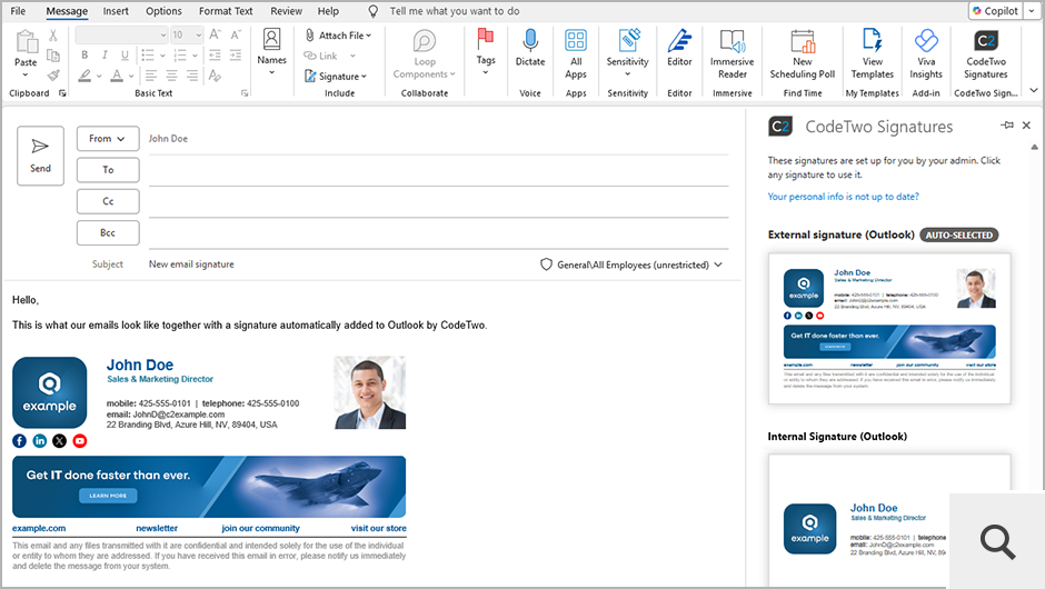 CodeTwo automatycznie dodaje podpisy w chmurze (po wysłaniu wiadomości) albo bezpośrednio w programie Outlook (dla komputerów, urządzeń mobilnych i OWA), za pomocą dedykowanego dodatku, podczas tworzenia wiadomości.