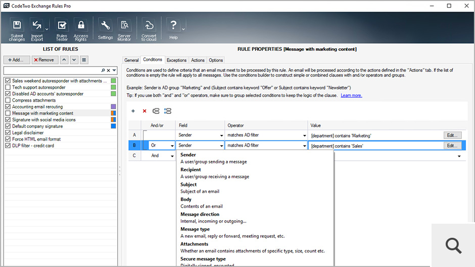 Zakładka Conditions pozwala tworzyć klauzule, składające się z logicznych operatorów, różnych atrybutów wiadomości, nadawcy i odbiorcy, a także dziesiątek innych kryteriów. Warunki wyzwalające reguły mogą być bardzo proste albo mogą zawierać szereg zaawansowanych opcji, które dokładnie odpowiadają potrzebom konkretnych sytuacji.