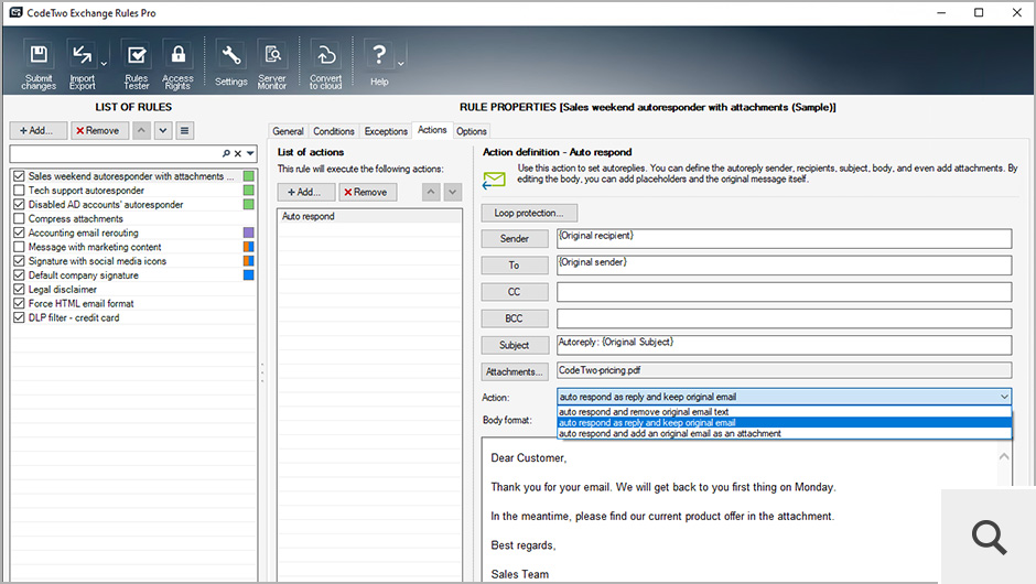 CodeTwo Exchange Rules PRO oferuje również zaawansowane automatyczne odpowiedzi, zarządzane po stronie serwera. Interesujące jest to, że automatyczne wiadomości mogą zostać wywołane przez różne warunki (nie tylko na podstawie adresu odbiorcy) i mogą zawierać wiele funkcji, które nie są dostępne w tradycyjnych wiadomościach typu out-of-office, np. automatyczne załączniki, zmodyfikowane tematy czy dodatkowych odbiorców w polach DW i UDW.