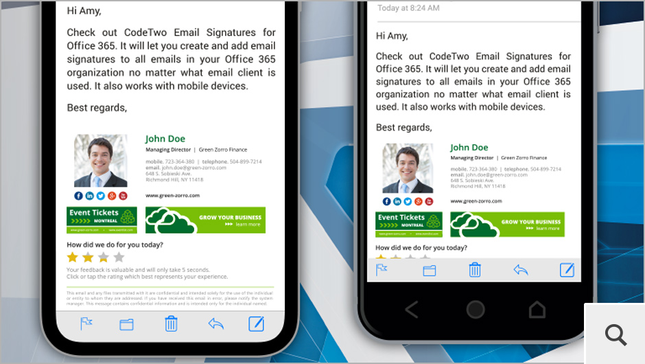 Podpisy email obsługiwane za pomocą CodeTwo Exchange Rules są dodawane do wiadomości wysyłanych z dowolnych klientów pocztowych, czy też urządzeń mobilnych (iOS, Android) kompatybilnych z serwerem Exchange.