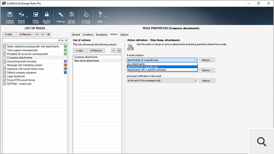 Kolejną przydatną funkcjonalnością CodeTwo Exchange Rules Pro jest kontrola załączników. Po zainstalowaniu programu na serwerach, możesz ustawić reguły weryfikujące załączniki wysyłane i odbierane przez użytkowników. Załączniki określonego typu lub rozmiaru mogą zostać usunięte, skompresowane lub zapisane do wybranego folderu w dowolnym miejscu w sieci.