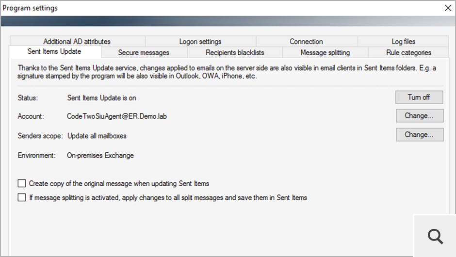 Jak tylko usługa Sent Items Update zostanie włączona można nią zarządzać z poziomu ustawień programu.