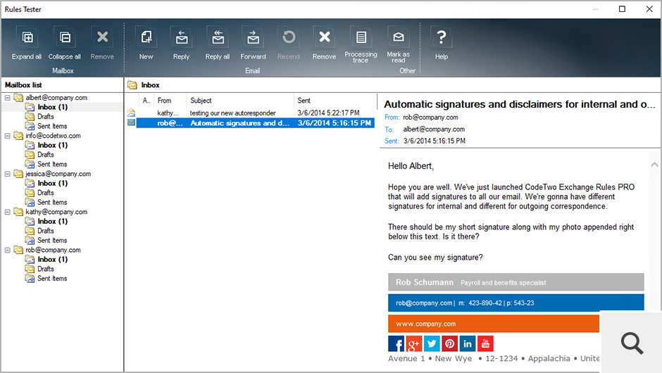 Przezorni administratorzy IT zawsze testują wszystkie ustawienia zanim je wprowadzą w życie. Tester reguł w CodeTwo Exchange Rules PRO pomoże Ci sprawdzić, czy utworzone reguły działają zgodnie z ustawieniami, zanim zostaną wdrożone na serwerach.