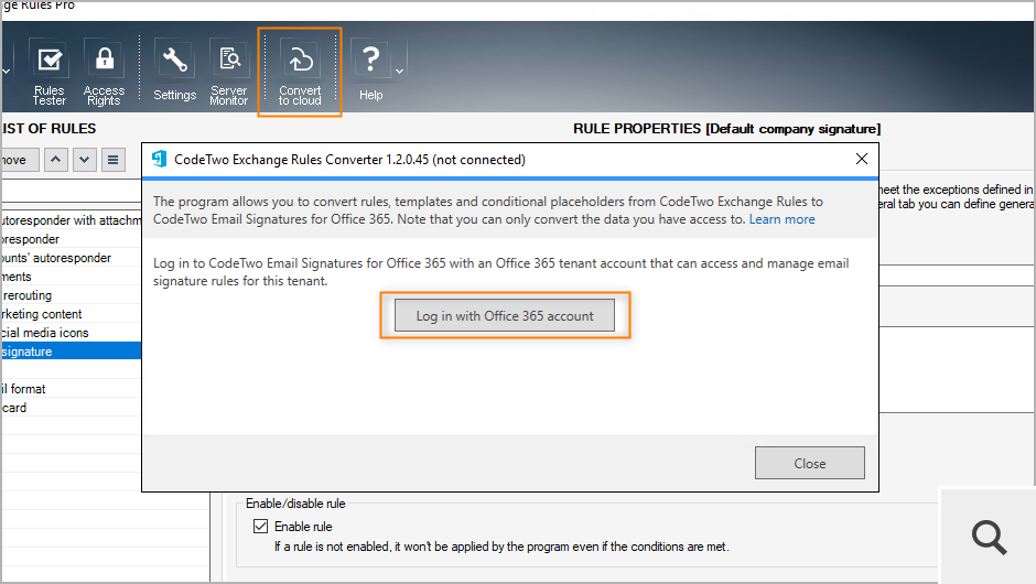 Przycisk Convert to cloud służy do instalacji narzędzia CodeTwo Exchange Rules Converter, które pozwala automatycznie przenieść szablony, reguły dodawania podpisów i wysyłania automatycznych odpowiedzi (z akcją Auto respond), a także warunkowe pola dynamiczne (conditional placeholders) do naszego chmurowego produktu - CodeTwo Email Signatures 365.