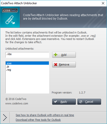 CodeTwo Attach Unblocker główne okno