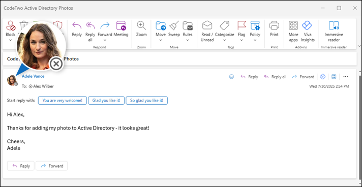 Microsoft Outlook wyświetlający zdjęcie z Active Directory